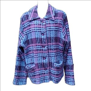 Vtg Boucle Plaid Textured Wool Blend Light Button Up Coat Women Sz L